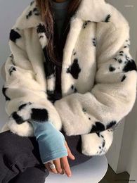 Women's Fur Winter Thick Women Faux Jackets Black White Cow Print Jacket Loose Warm Fashion Korean Button Up Female Clothes