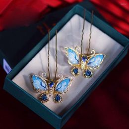 Hair Clips Chinese Style Sky Blue Girls Hairpin Beadingds Gold Butterfly Hairclips Jewelry Wedding Accessory