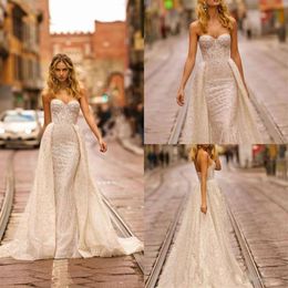 Berta Luxury Mermaid Wedding Dresses With Train Strapless Crystal Beading Lace Wedding Gowns Sweep Vestidos De Novia252q