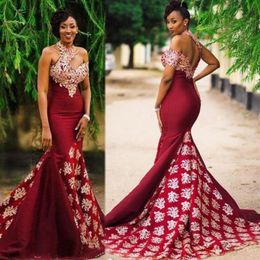 Burgundy African Sexy Evening Dresses Formal Party Wear Mermaid Prom Dress Trumpet robes de soiree Saudi Arabia Plus Size Gown302S