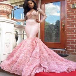 Beautiful Pink Prom Dresses Mermaid Long Sleeve See Through Neckline Flower Sparkly Crystal African Latest Evening Gown 2017225e