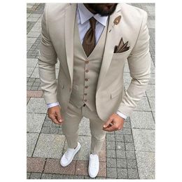 Sandy Beige Wedding Tuxedos Slim Fit Suits For Men Groomsmen Suit Three Pieces Cheap Prom Formal Suits Jacket Pants Vest Tie 120333N