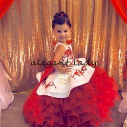 Lovely Red Toddler Pageant Dresses Spaghetti Strap Appliques Ruffle Tiered Flower Girls Dresses Customised Beaded Kids Prom Gown295S