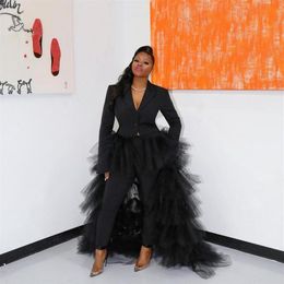 Modern Black Pant Suit Women Party Formal Dresses Evening with Tiered Tulle Train V Neck Long Sleeves Prom Vestidos269B