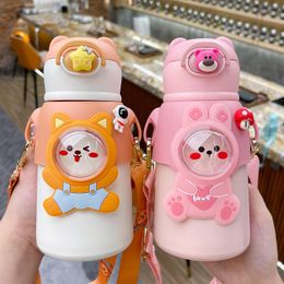 Calligraphy 550ml Cute Thermos Cup Children's Kawaii Water Bottle Kettle Portable Outdoor Stainless Steel Straw Cup School Kids Cartoon Girl