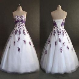 White and Purple Applique Wedding Dress Real Image A-Line Sweetheart Tulle Long Bridal Gowns Vestios De Marriage 2022 Selling 201W