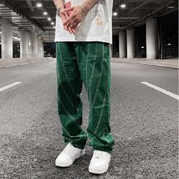 Men's Jeans Hip Hop Striped Spilced Pockets Retro Mens Pants Harajuku Straight Casual Oversized Denim Trousers Loose Streetwear Jean