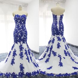 Royal Blue Applique Lace Mermaid Wedding Dresses Strapless Beaded Sequins Plus Size Bridal Dress For Womens Party Bridal Custom Fo324j