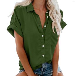 Women's Blouses Elegant Short Sleeve Pocket Shirts Women Turn Down Collar Button Shirt Solid Color Casual Womens Tops And Chemise Femme