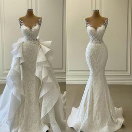 2021 White Mermaid Wedding Gowns with Detachable Train Ruffles Lace Appliqued Bridal Gown Plus Size Vestidos de novia2639