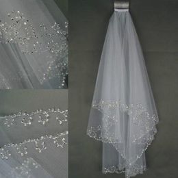 In Stock Wedding Bridal Veils Crystals 2-Layer Handmade Crescent Edge Bridal Accessories White and Ivory Bridal Veils Beads With C2868