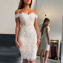 Light Champagne Beaded Cocktail Dresses Knee Length Short White Lace Applique Sweetheart Women Tight Fitted Party Dress229A