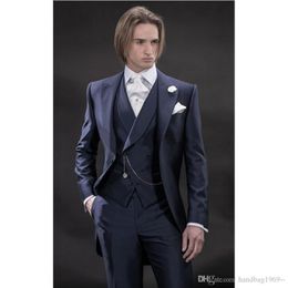 One Button Navy Blue Groom Tailcoat Peak Lapel Mens Morning Suits Wedding Party Business Suits 3 Pieces Blazer Jacket Pants Vest 265x