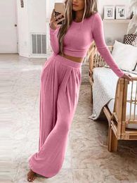 Women's Two Piece Pants Sets Womens Outifits Knitted Elastic Waist Loose Pant 2 Long Sleeve O-Neck Tops Casual 2023 Solid Clothes