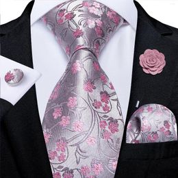 Bow Ties Silk Floral Pink For Men Wedding Party Man Tie Handkerchief Brooch Cufflinks Set Accessories Gravata DiBanGu