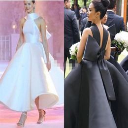 2020 Latest Satin Ballgown Prom Dresses High Neck Black White Big Bow Plunging Ankle Length Custom Made Evening Gown Formal Occasi262R