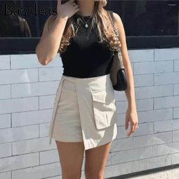 Skirts 2023 Summer With Shorts Lining Khaki One Pockets On Front Mini Skirt Women A Line Hem Asymmetric Safari