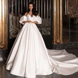 Classy A Line Short Sleeves Wedding Dresses V Neck Bridal Gowns Sweep Train Satin robe de mariee2842