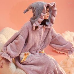 Women's Sleepwear Purple Coral Fleece Nightdress Soft And Fluffy Autumn Winter Night Gown Long Pyjamas Cute Hooded Home Service