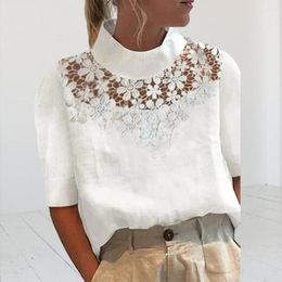 Women's Blouses Women Summer Top Soft Chic Lace Flower Decor Stylish Short Sleeves Solid Colour Loose Fit Half-high