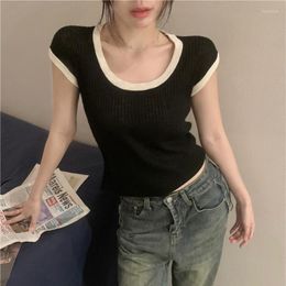 Women's T Shirts 2023 Summer Knitted T-shirt For Women - Simple And Versatile Colourful Collar Crop Top Korean Fashion