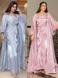Ethnic Clothing Morocco Muslim Dress 3 Piece Set Abaya Kaftans Feather Evening Dresses Women Dubai Turkey Islam Long Dress Robe Femme Vestidos 230721