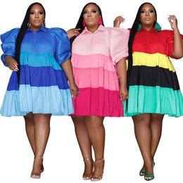 New Splicing Color Contrast Puffy Sleeve Skirt Big Skirt Big Size Women's Dress