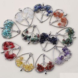 Charms 100Pcs Natural Wire Wrap Tree Of Life Healing Chip Stone Crystal Heart Pendant 7 Chakra Necklace Women Men Drop Delivery Jewe Dhkop