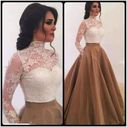 2020 Stylish Saudi Arabia High Neck Long Sleeves Evening Dresses White Top Lace With Gold Skirt Ball Gown Prom Gowns Special Occas233P