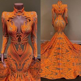 2021 Orange Mermaid Prom Dresses Long Sleeves Lace Sequined African Black Girls Fishtail Evening Wear Dress Plus Size3556155254r