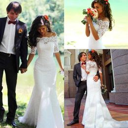 Vintage Lace Mermaid Wedding Dresses with 1 2 Half Sleeves Corset Back Sweep Train Off the Shoulder Custom Made Country Wedding Go228s