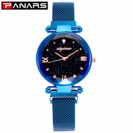 PANARS Fashion Luxury Women's Quartz Watches Magnet Strap Starry Female Business Casual Quartz Wristwatch Ladies New Blue246G