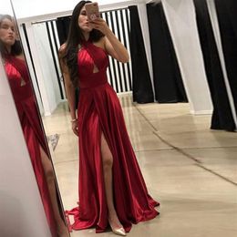 Sexy Halter Red Satin Evening Dresses Pleated High Split Floor Length Backless Prom Dresses Simple Party Gowns2978