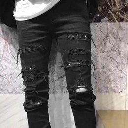 Men's Jeans Black Distressed Slim Streetwear Damage Holes Skinny Destroyed Rhinestones Ripped Denim Pants