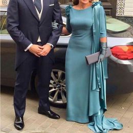 teal blue Evening Dresses Sheath Three Quarter Sleeves Drapped Women Formal Long Mother of the Bride Dress vestido de fiesta de no253f