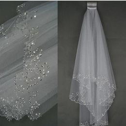 2019 cheap Wedding Bridal Veil 2-Layer Handmade Beaded Crescent edge Bridal Accessories Veil White and Ivory color in stock242I