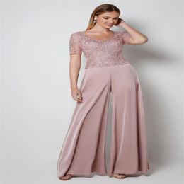 Fashion Pant Suits Lace Evening Dresses Short Sleeves Vestido De Festa V Neck Floor Length Open Back Formal Party Gowns300g