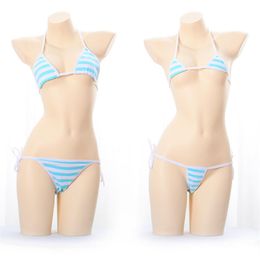 Japanese Lingerie Sexy Erotic Anime Cosplay Underwear Set Kawaii Mini Bikini Blue Pink Striped Bra Set For Women275L