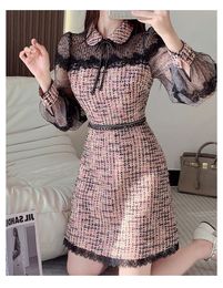 Basic Casual Dresses 2023 Autumn Winter Luxury Small Fragrance Lace Mesh Embroidery Sequined Stitching Beading Bowknot Tweed Plaid Wool A Line Mini Dress