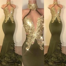 Vestidos New Sexy Olive Green Mermaid Prom Dresses High Neck Gold Crystal Beaded Ruffles Sweep Train Custom Formal Party Dress Eve279l