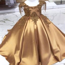 Gold Crystal Long Flower Girls Dress Pageant Dresses Beaded 2021 Toddler Infant Clothes Little Kids Birthday Gowns228y