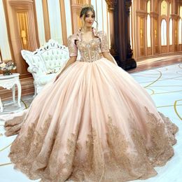 2024 Champagne Sweetheart Quinceanera Dresses For 15 Party Fashion Applique Lace Crystal Formal Birthday Princess Gowns