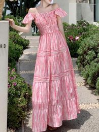 Casual Dresses Pink Printed Off-the-Shoulder Elastic Long Dress Holiday Beach Maxi Vestido Formal Women Elegant Cotton