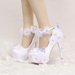Satin Wedding Shoes Beautiful Flower and Butterfly Bride Party High Heels with Ankle Straps Prom Pumps White and Red Color294c
