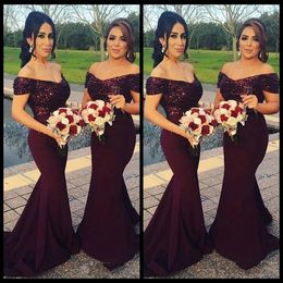 Bridesmaid Dresses 2018 Burgundy Off Shoulder Ruched V Back Sequins Top Long Plus Size Satin Mermaid Maid Of Honor Gowns Wedding G291H