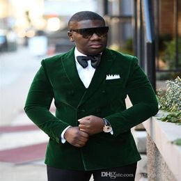 New Arrivals Double Breasted Dark green Velvet Groom Tuxedos Groomsmen Peak Lapel Man Blazer Mens Wedding Suits Jacket Pants289d