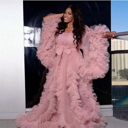 Pink Illusion Ruffles Tulle Long Sleeve Women Jackets Winter Sexy Pregnant Party Sleepwear Bathrobe Sheer Nightgown Robes Shawl252s