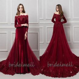 Halloween Burgundy Velvet Long Sleeves Sexy Evening Dresses Overskirts Off shoulder Formal Party Gowns Mermaid African Prom Dresse288Y