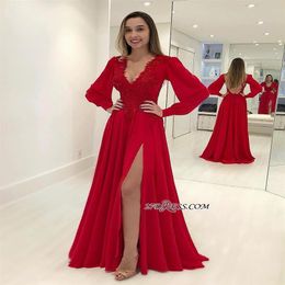 Robes de Soiree Red Prom Dresses Long Sleeve Split Evening Gowns Backless Cocktail Party Dress Lace Formal Gown Vestidos de Fiesta301G
