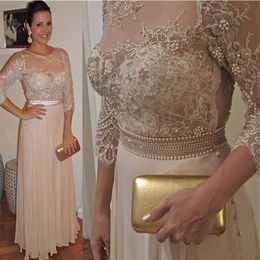 Chiffon Mother Of The Bride Dresses Sheer Jewel Neck 3 4 Long Sleeve Pearls Sash Beads Women Evening Party Gowns Plus Size335A